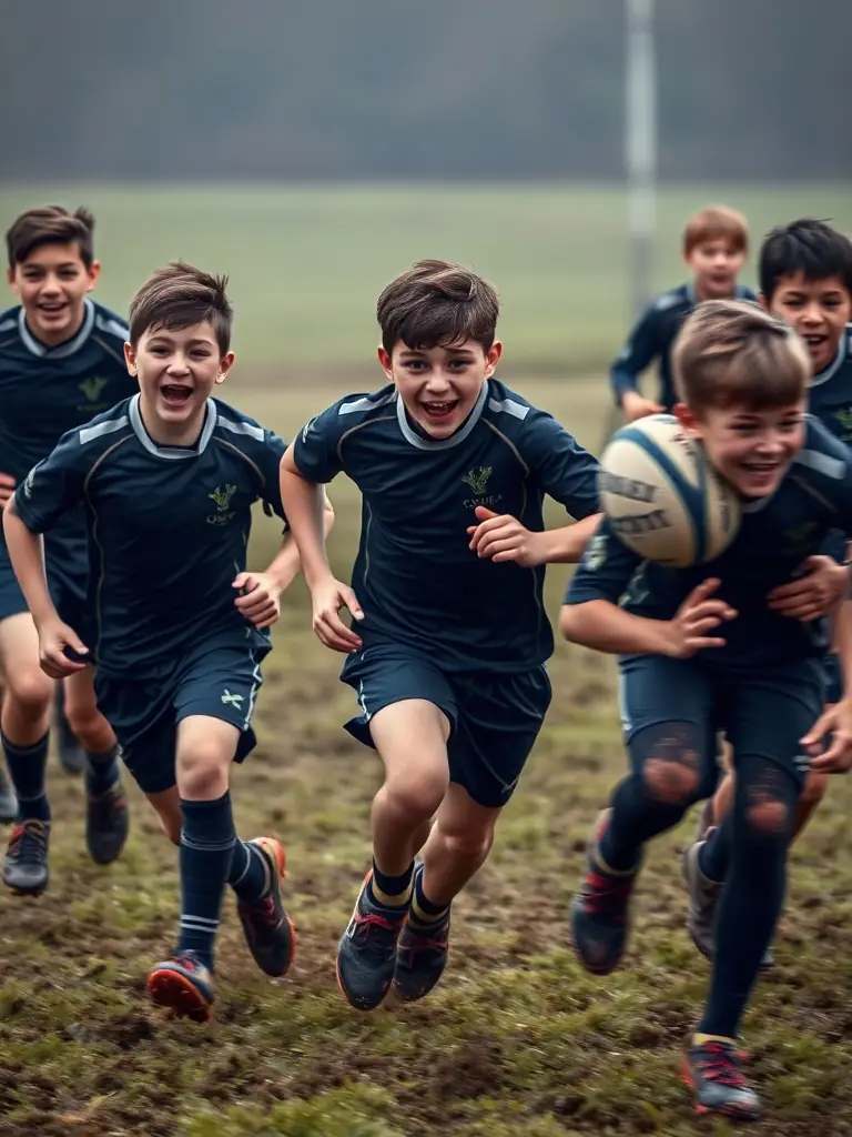 A high-action shot of young rugby players participating in a training session, showcasing their energy and enthusiasm.