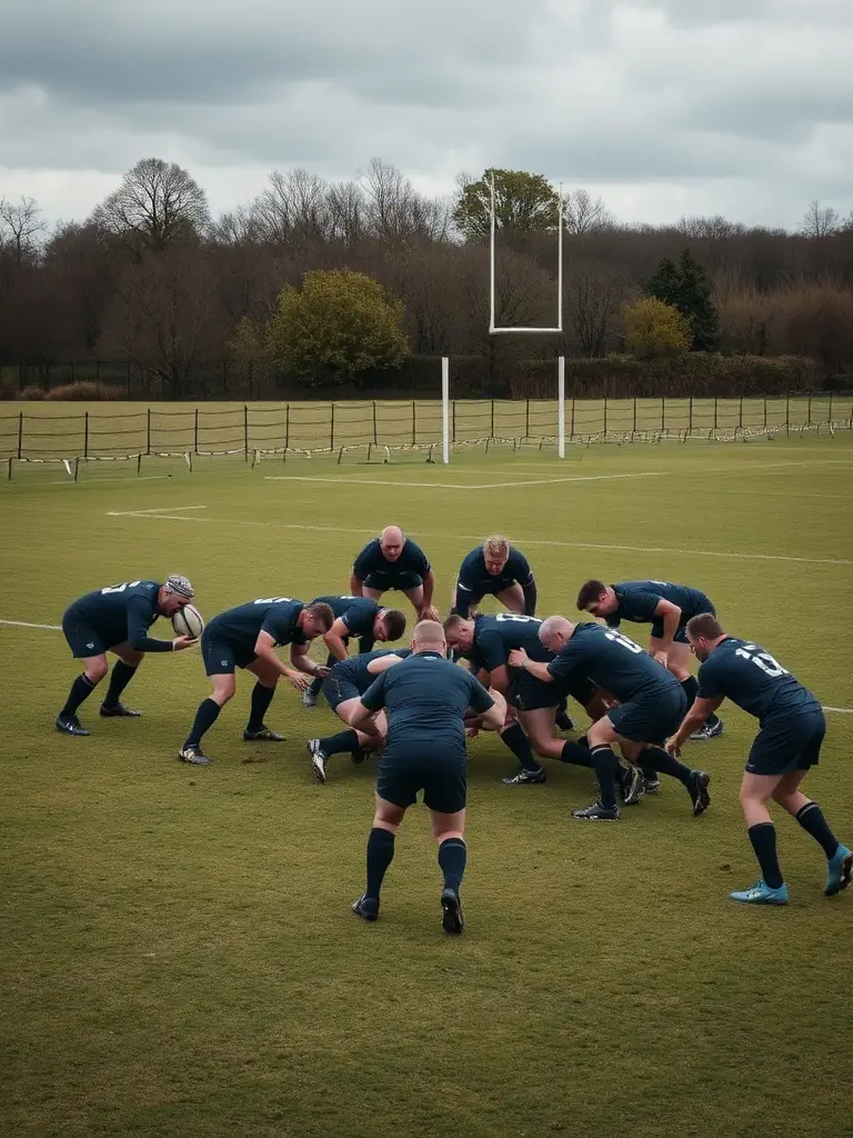 A group of senior rugby players demonstrating advanced techniques during a practice session, emphasizing the club's commitment to excellence.