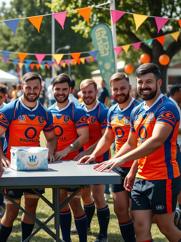 A group of Rugby Club Lubersacois members volunteering at a community event, such as a local festival or charity fundraiser, demonstrating the club's commitment to community involvement.
