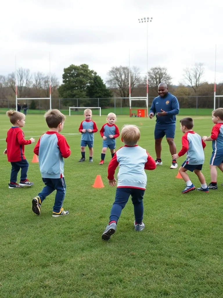 Action shot of youth rugby players participating in a training drill at Rugby Club Lubersacois, focusing on passing skills, with the coach providing guidance in the background.