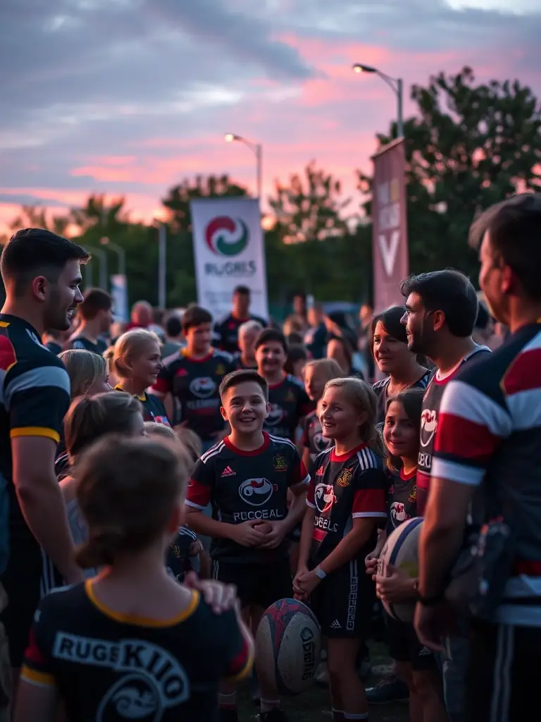 A community event organized by the rugby club, featuring families and supporters enjoying various activities and games.